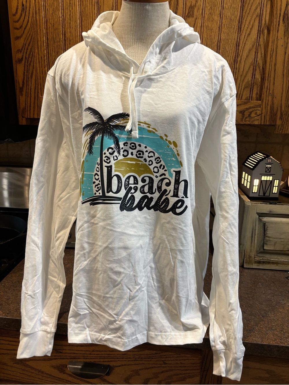 American Apparel White Long-Sleeve Hooded Tee with Turquoise & Yellow Graphic